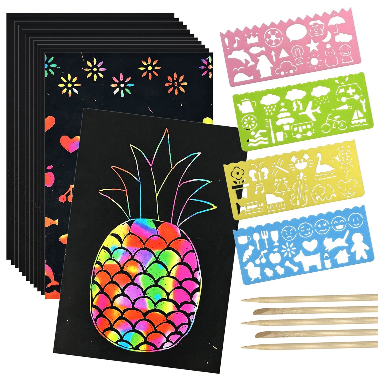 Wrapables DIY Rainbow Magic Scratch Arts Set, 50 Sheet Scratch Art Paper with 4 Stencils and 5 Styluses